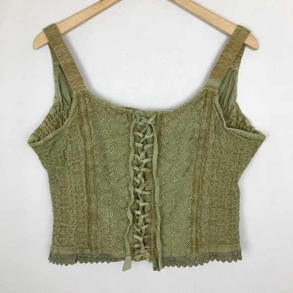 Vintage Green Embroidered Cropped Corset Renaissance Tank Top Forest Fairy - Picture 3 of 13